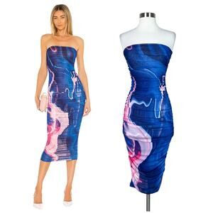 Farai London | Revolve Hera Blue Pink Ruched Strapless Mesh Midi Dress XS